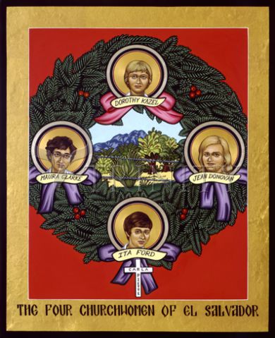 icon showing images of Maura Clarke, Ita Ford, Dorothy Kazel, and Jean Donovan superimposed on a design of an Advent wreath, with pink or purple ribbon under each face, and with images suggesting the landscape of El Salvador in the center of the wreath