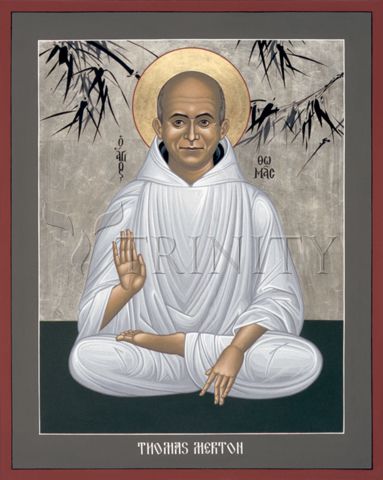 icon of Thomas Merton in white Trappist habit, seated in yoga position, right hand raised in blessing, against a neutral background with Eastern-looking branches and leaves