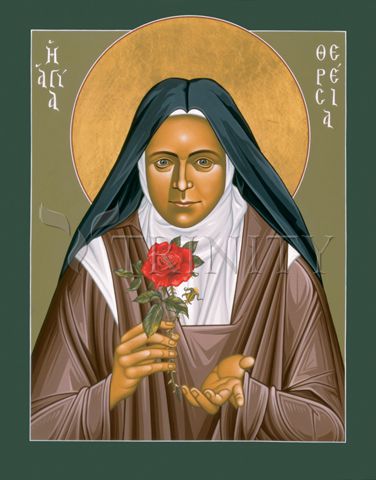 icon of St. Therese in brown Carmelite habit and black veil, holding a rose, extending her left hand with palm up, head circled by a large halo