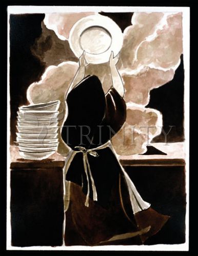 sketch of Therese, seen only from the back, washing dishes, holding one up  toward the clouds