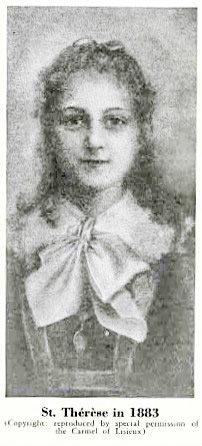 idealized black-and-white painting of Therese at age ten in her school uniform