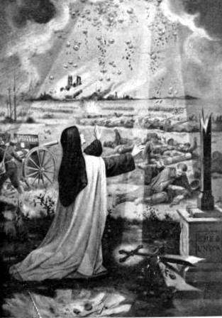 idealized black and white painting of Sister Therese on a battlefield of World War I, near a cross, surrounded by wounded.  A cannon is visible at left.  Her hands are raised in blessing, and a shower of rose petals is drifting down from the sky over the battlefield
