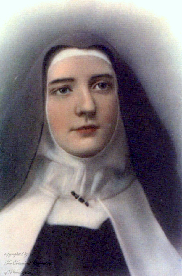 portrait, probably made from a photo of Sister Stanislaus of the Blessed Sacrament, in color, with black veil, brown Carmelite habit, and white cloak