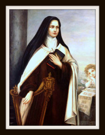 color portrait of Sister Therese in Carmelite habit, holding the gospels in one hand.  Her other hand rests on a harp which contains an image of the Holy Face of Jesus