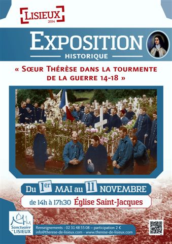 color photo of poster advertising exposition; it shows soldieers praying by the tomb of Therese in the Lisieux cemetery